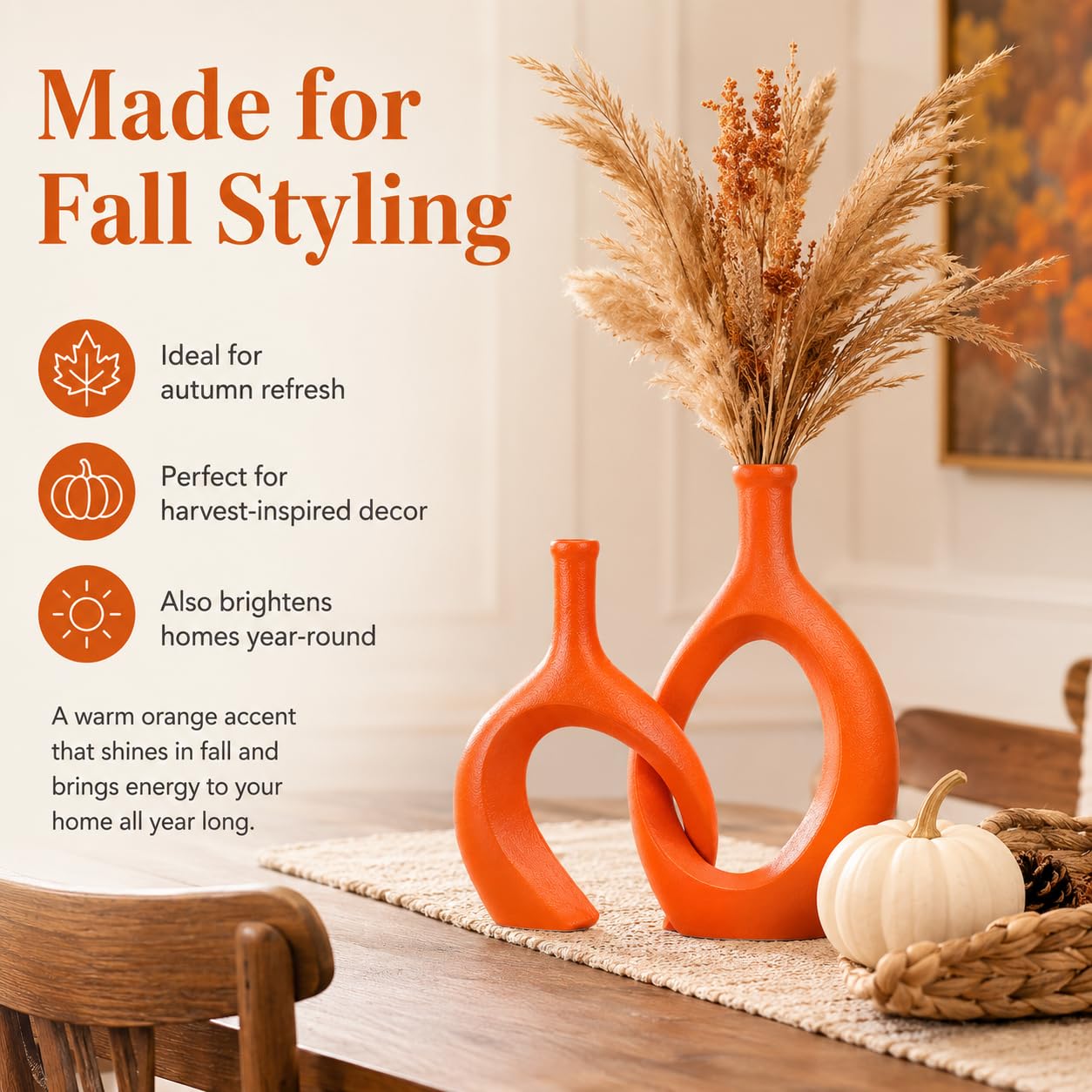 Orange Keramik Vase Set 2 für Moderne Wohnkultur, Runde Matte Donut Vasen für Pampasgras, Nordischer Minimalismus Boho Stil Dekor für Wohnzimmer Hochzeit Abendessen Tisch Party Büro Schlafzimmer