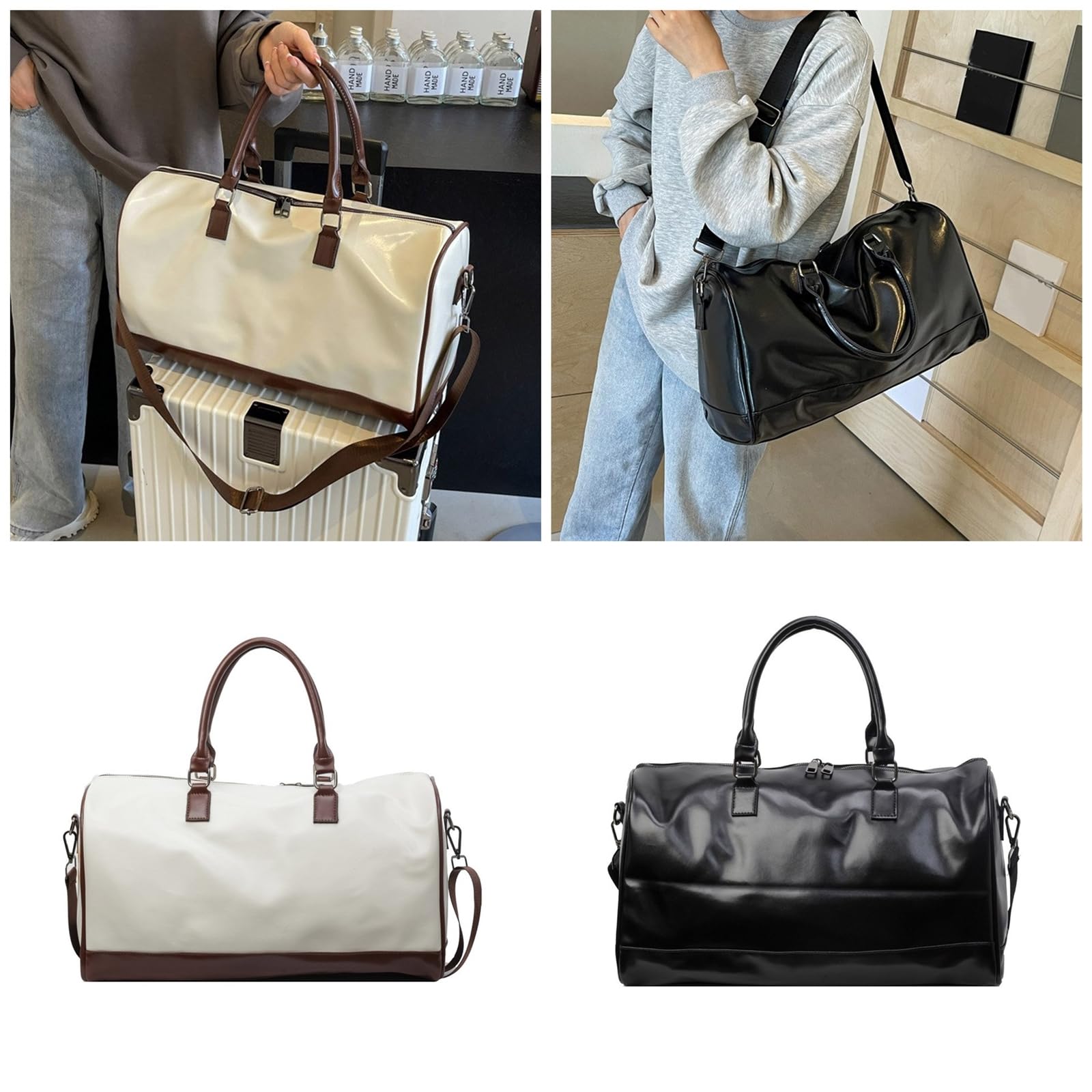 [Tertioi] Bolsa de gran capacidad para viajes de moda fitness de cuero PU de hombro de fin de semana de noche para viajes diarios para mujeres y hombres gran capacidad para una noche fitness de fin de