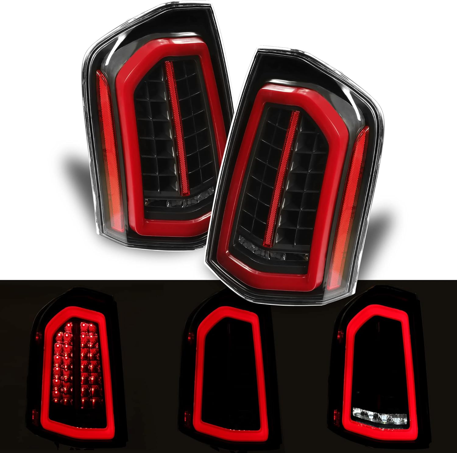 Kojem Pair LED Tail Lights Compatible with 2011-2014 Chrysler 300 LED Tube Bar Turn Signal Lamp Black Housing & Clear Lens