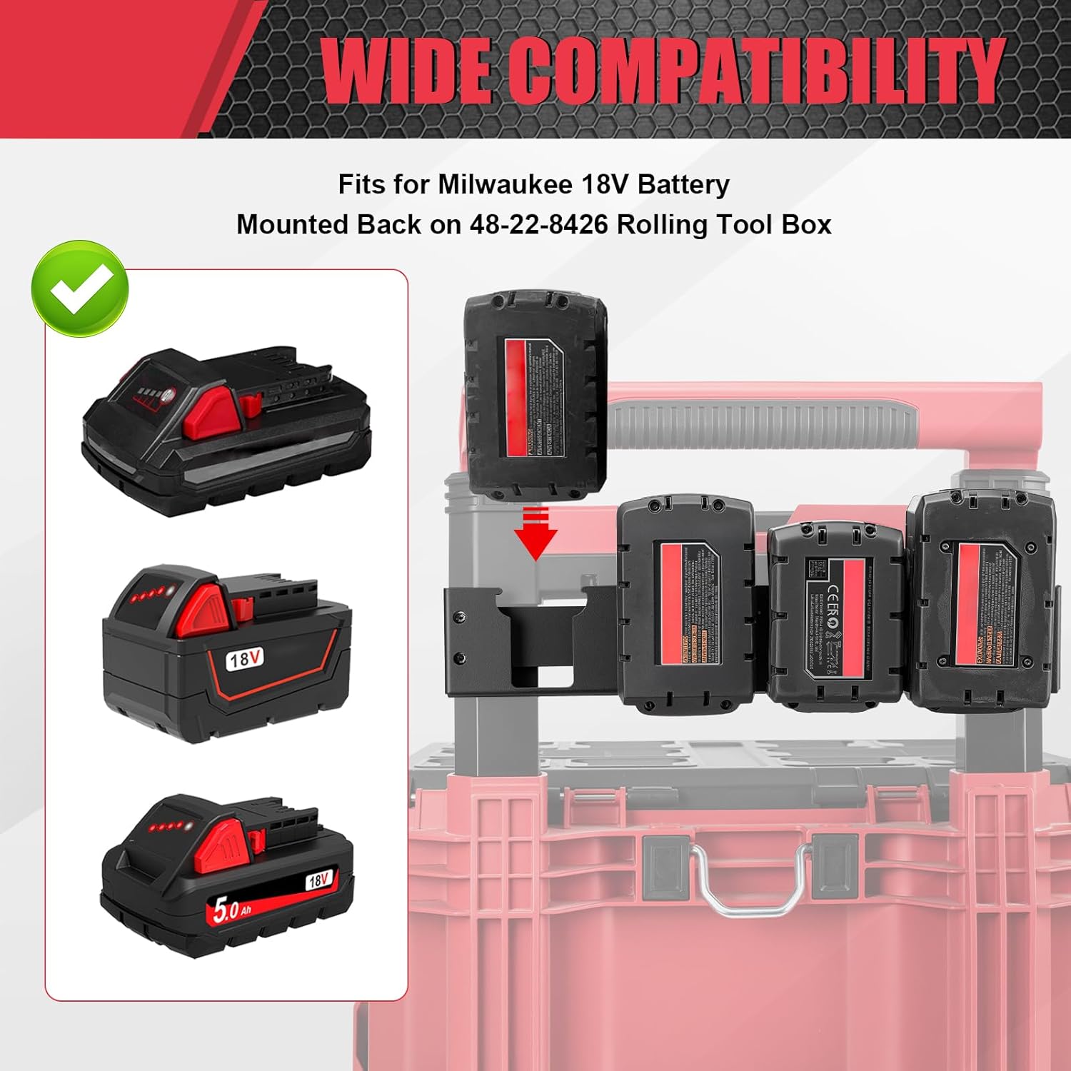 4 Slots Battery Holder Compatible with Milwaukee 18V Battery,Effortless Side Storage Solution Fit for Milwaukee 48-22-8426 Packout Rolling Toolbox,Mounted Back on Packout Toolbox