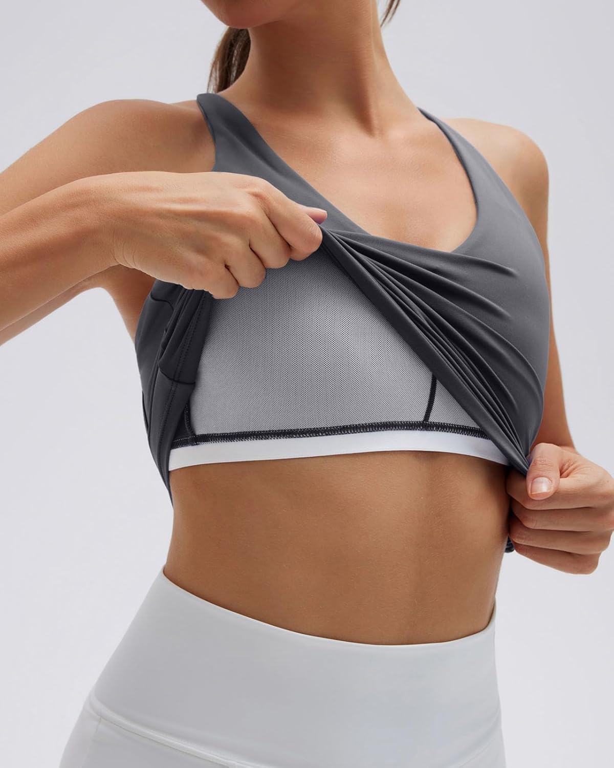 SUUKSESS V Neck Padded Longline Sports Bras Workout Open Back Tank Tops - Image 3