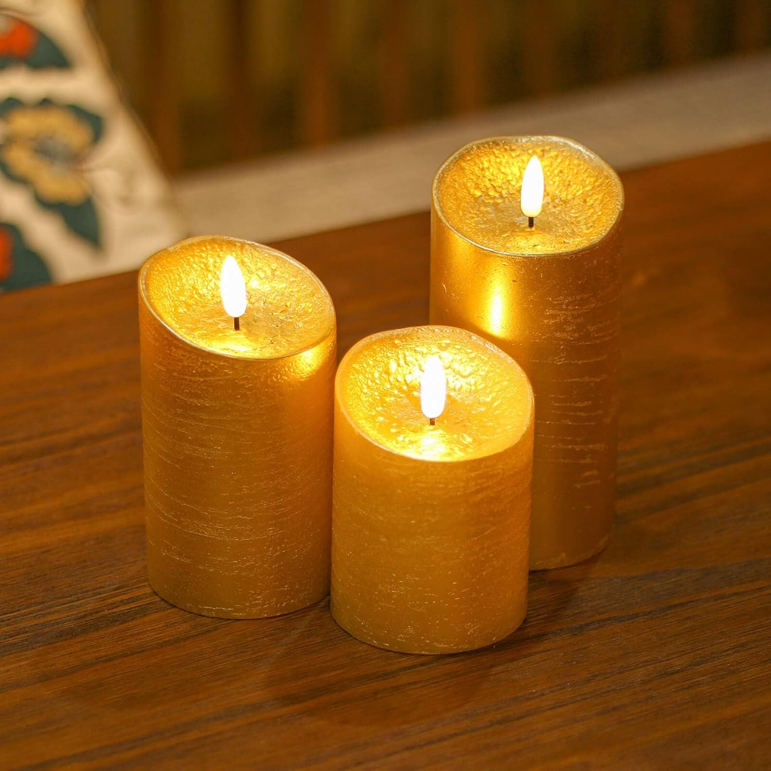 Gold Flameless Candles with Remote, Flickering Real Wax Battery Operated Candles with Timer, Set of 3 LED Pillar Candlesfor Home Christmas Decoration - Image 2