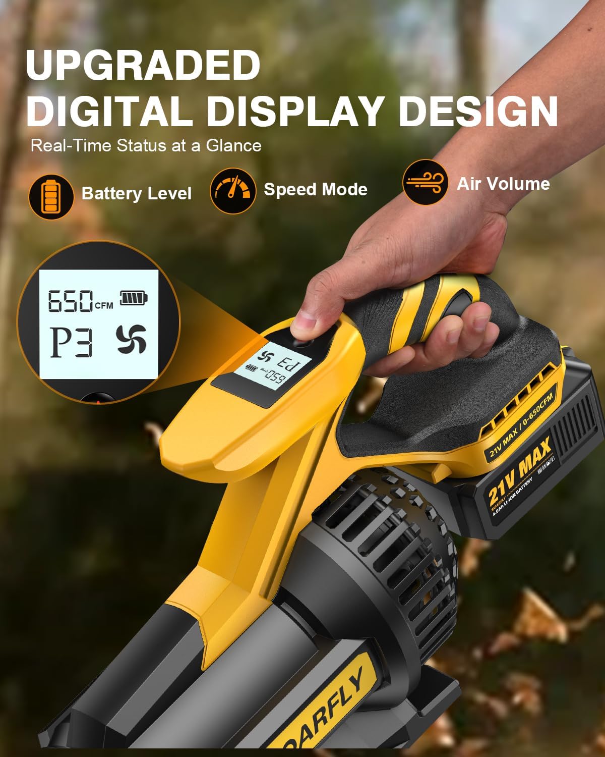 Leaf Blower Cordless, 650CFM & 3 Speed Levels,Electric Cordless Leaf Blower with LCD Display，Blowers for Lawn Care with 2 * 4.0Ah Battery Powered,Blowers for Lawn Care,Yard, Blowing Leaves, Dust, Snow