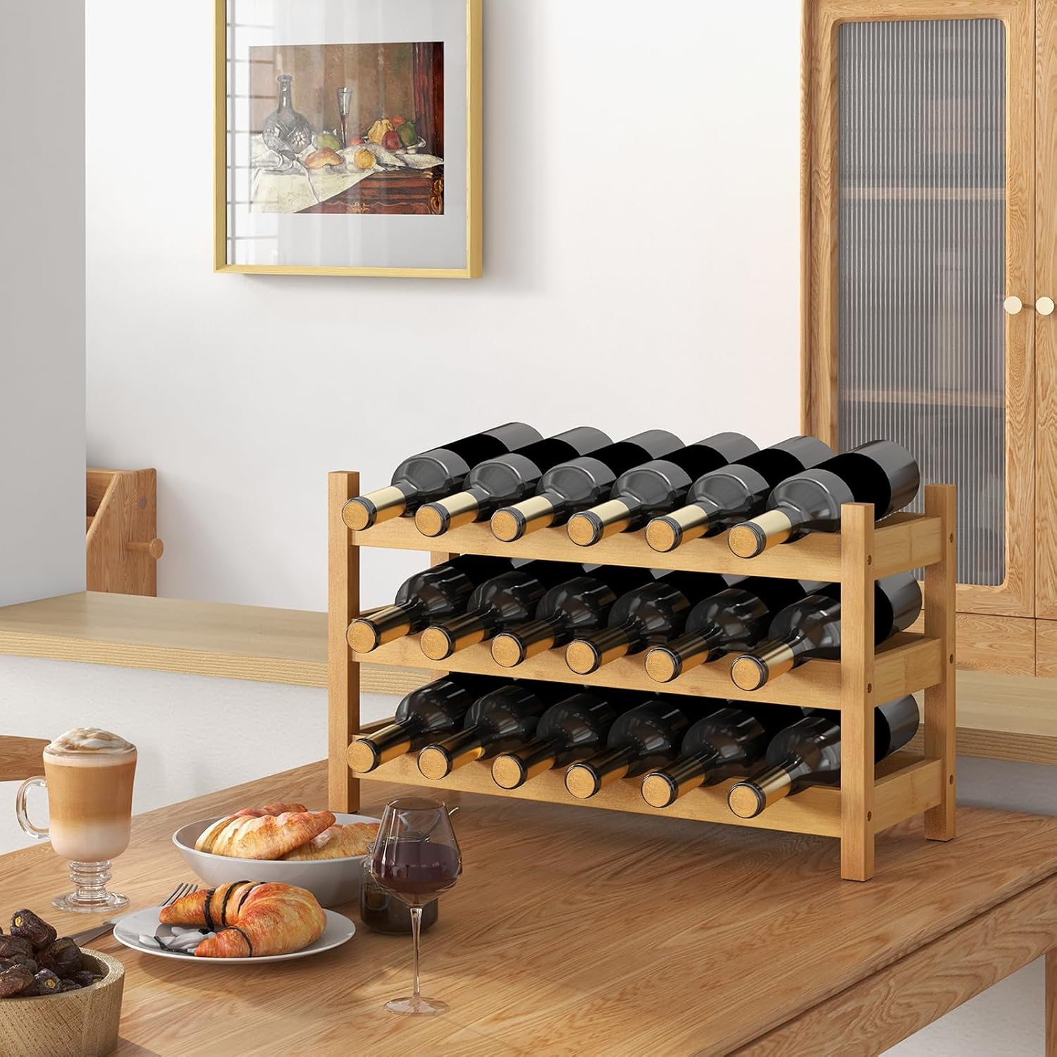 Giantex Bamboo Wine Rack, 3-Tier 18 Bottle Storage Cabinet Shelf, Small Bottle Organizer Freestanding Counter, Countertop Wine Rack for Kitchen, Bar, Pantry & Wine Cellar, Natural