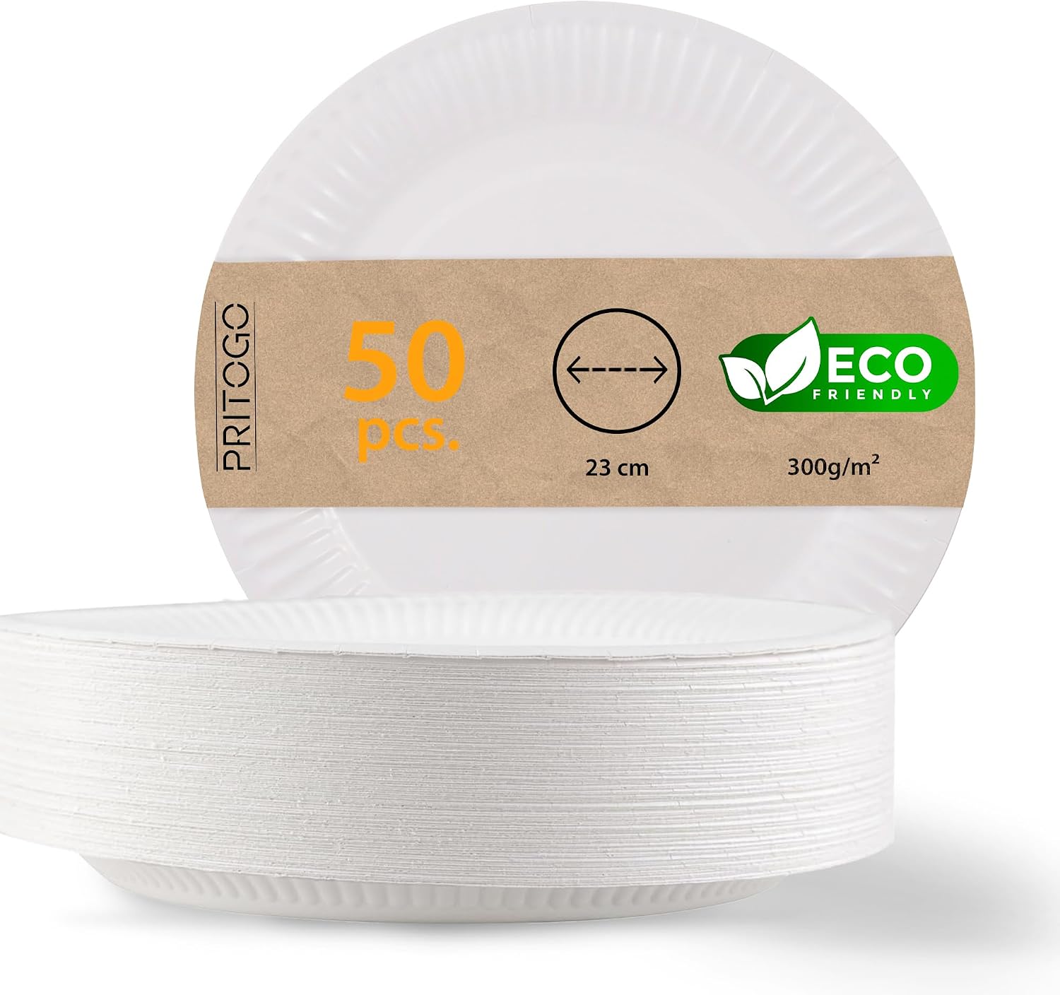 Duże talerze papierowe Ø 23 cm, (50 szt.) 300 g/m² Bardzo wytrzymałe, powlekane, w 100% kompostowalne, białe, okrągłe, wysokiej jakości - przyjazne dla środowiska - talerze jednorazowe