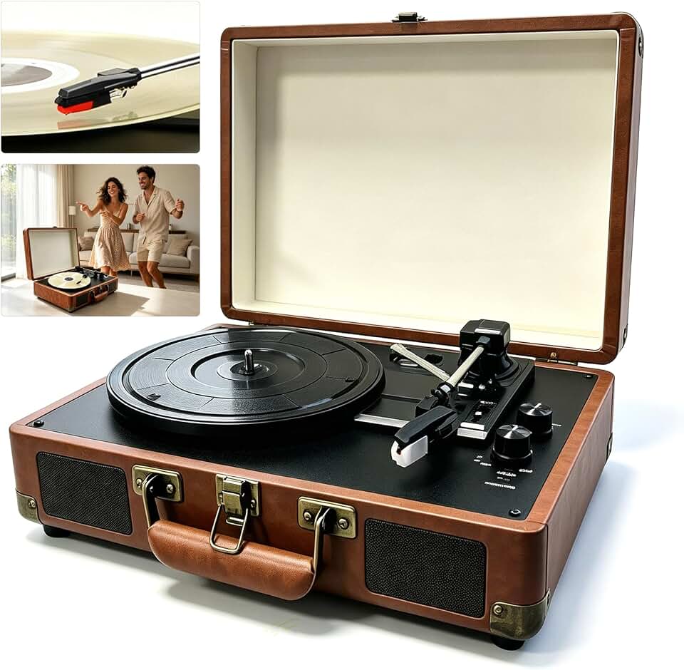 Tocador de Vinil,Gira-Discos Portátil Bluetooth em Mala de Transporte,Altifalante Embutido,Toca-Discos,Vinil,Gira-Discos Bluetooth,3 Velocidades,Som Estéreo Integrado,Design Retrô