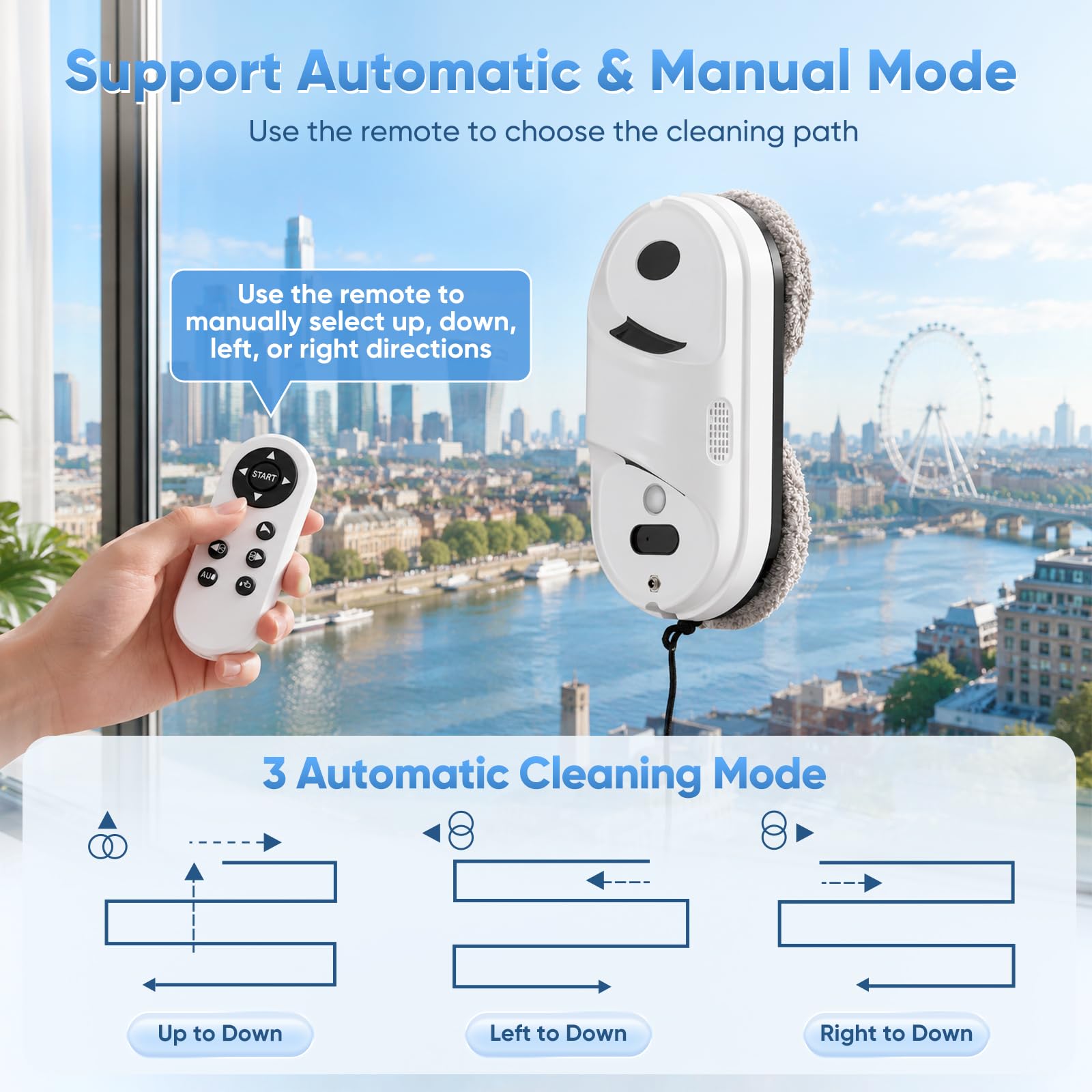 Robot limpiacristales 2800 PA 0.25m/min, Robot limpiador de ventanas | con sistema doble pulverización mejorado, 3 Modos de Limpieza Limpia Cristales electrico Ventanas Limpiador Ventanas