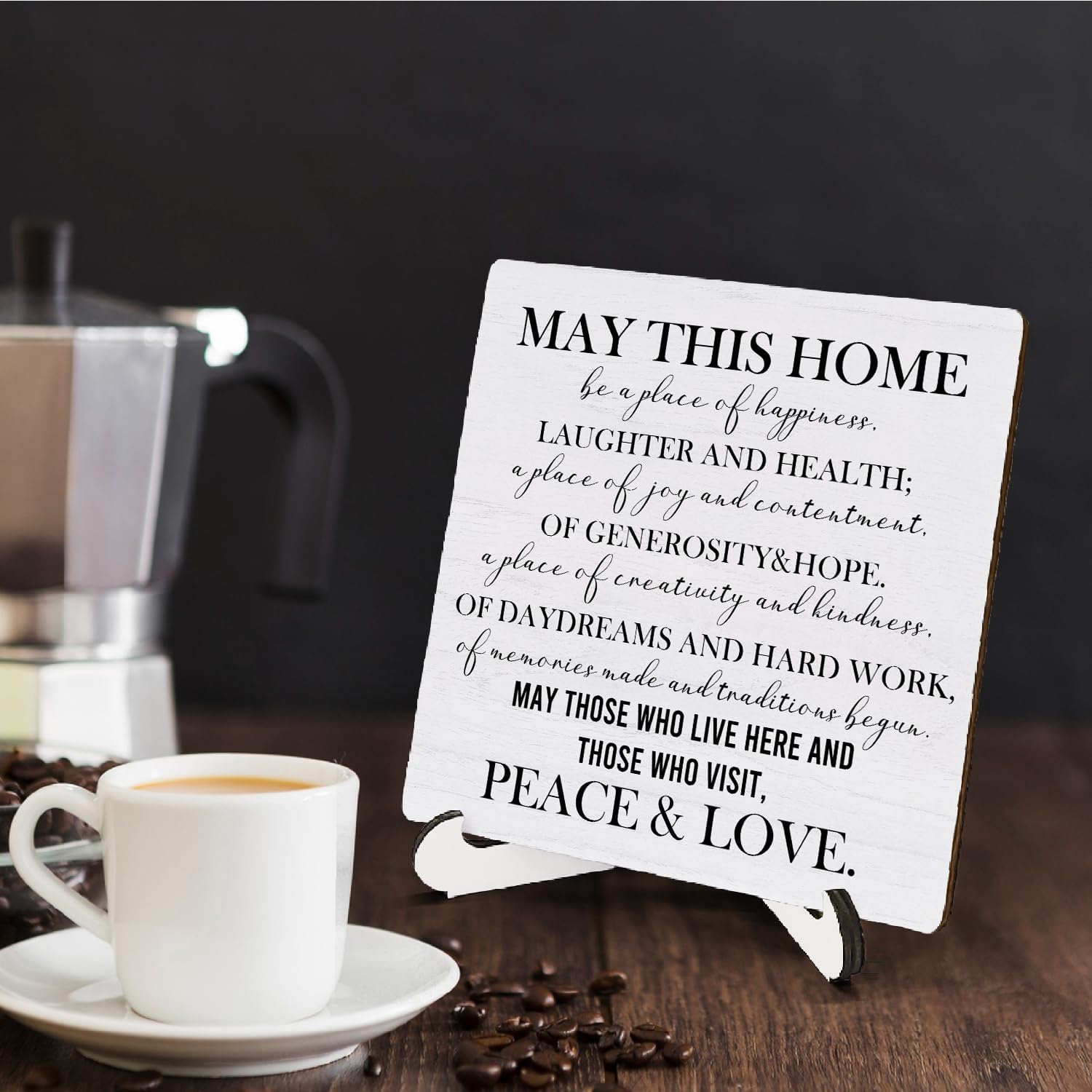 New Home Housewarming Wooden Decor 5"X5", May This Home Be a Place of Happiness Wooden Desk Table Stand Sign, House Warming Decorative Gifts for Man Woman Couple - Image 4