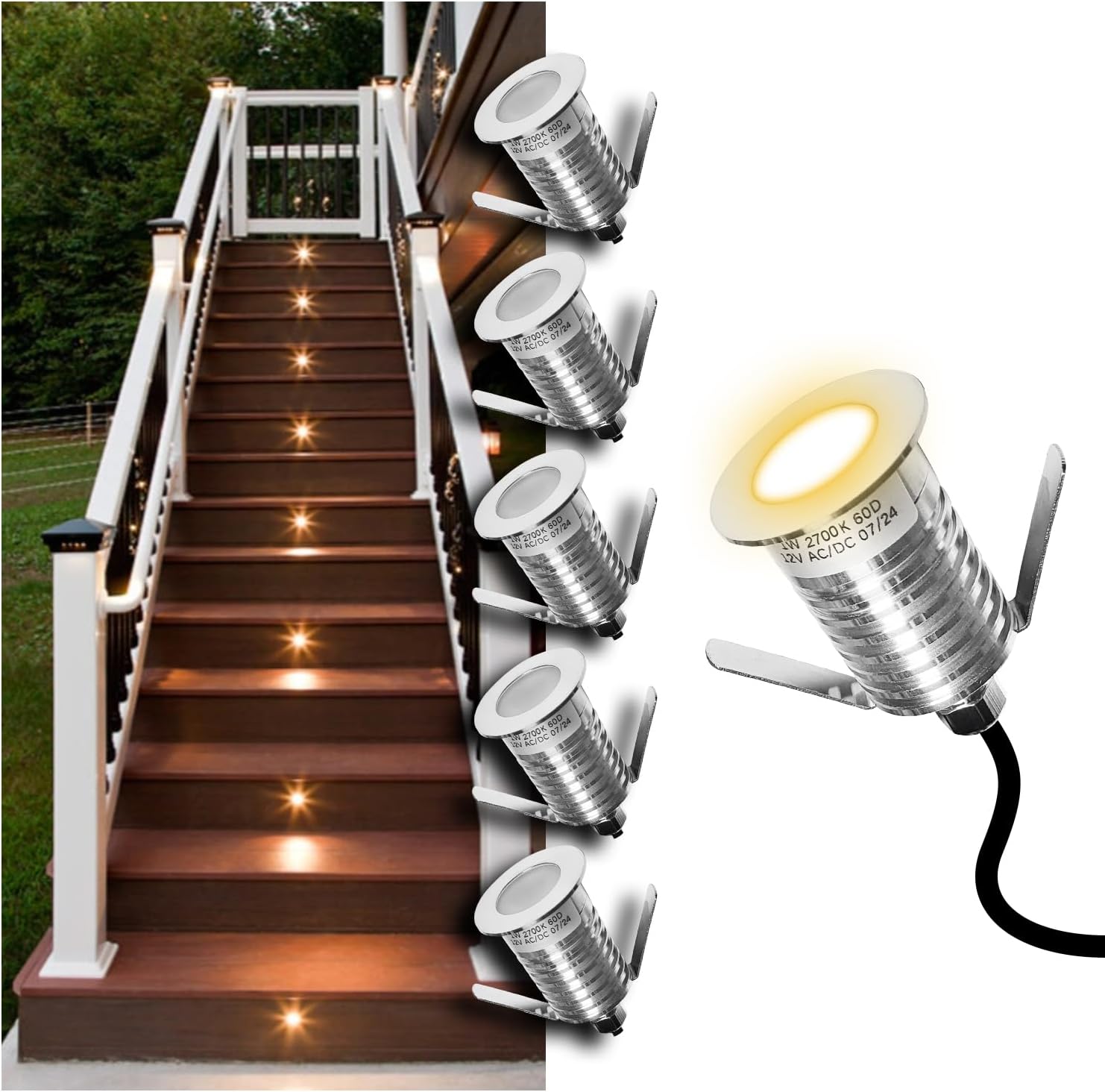 Low Voltage Deck Light 6-Pack, 1W 80 Lumens Landscape Lighting, φ35 mm Recessed LED Outdoor Step Stair Lights, Full 304 Stainless Steel Deck Lighting Wired for Outside Yard (SG07, 6-Pack 2700K)