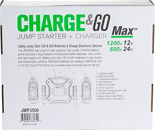 Miniatura 4 de Interstate Batteries Arrancador y cargador de salto de 24 V, 12 V 1200 A, 600 A (35,000 mAh, 35 Ah) LED portátil LiFePo4 Jumpstart batería para