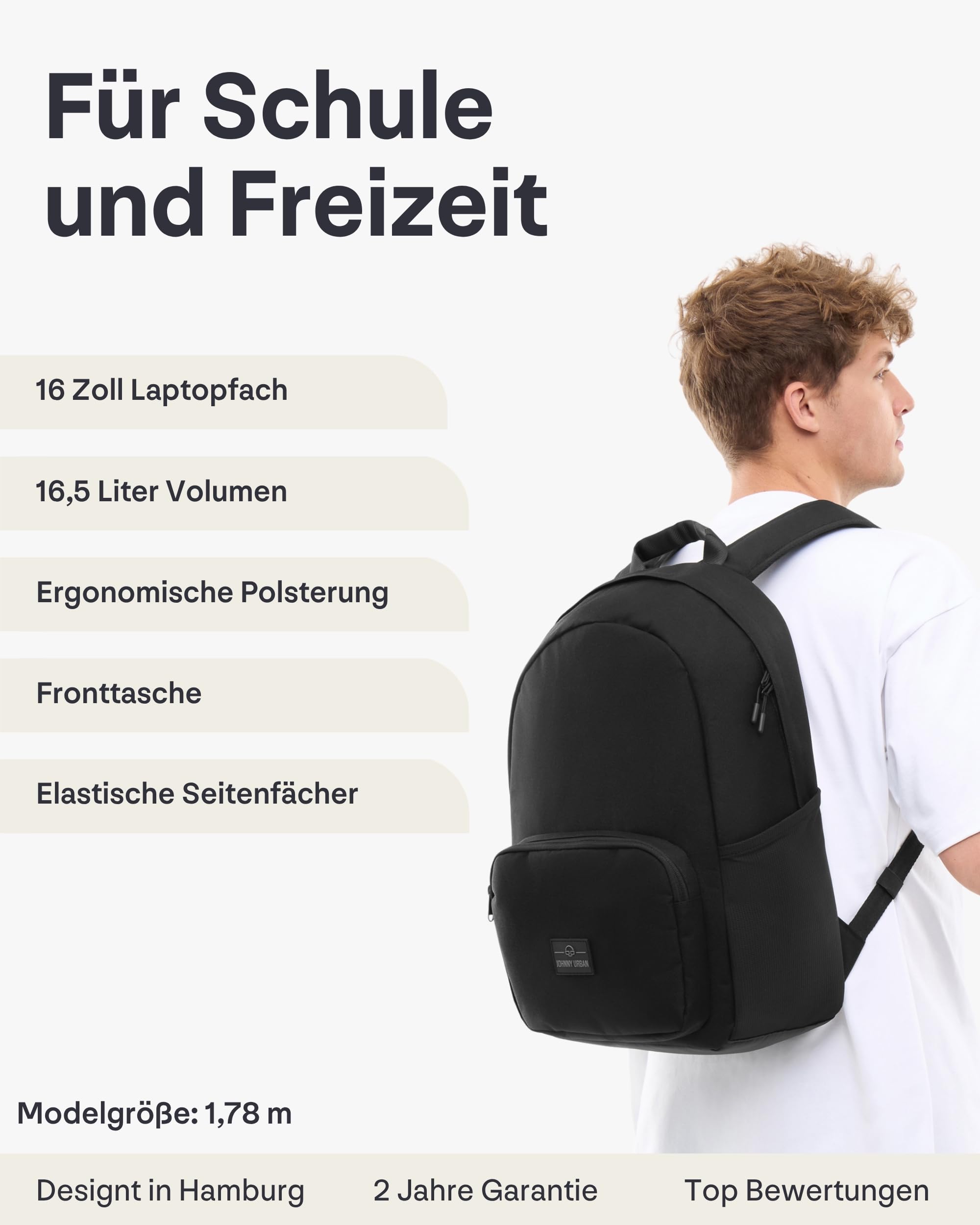 Johnny Urban Schulrucksack Teenager Schwarz - Moritz - Schultasche für Jungen & Mädchen - 17 Liter - Casual Tagesrucksack mit Laptopfach für Schule & Freizeit - Wasserabweisend