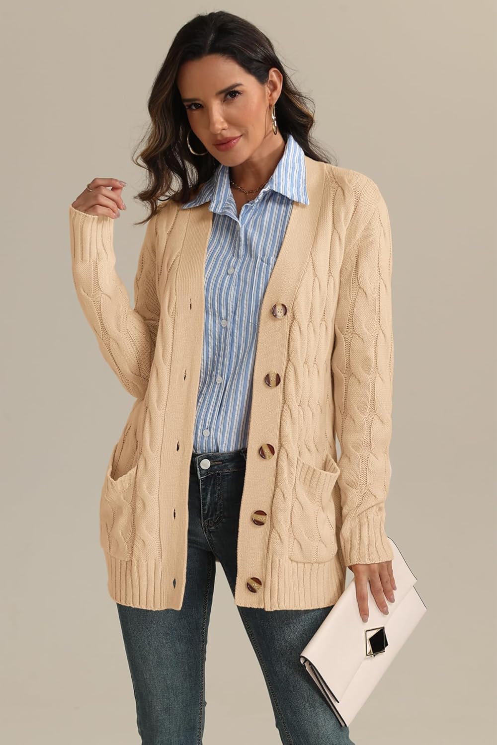 ATHMILE Cardigan Sweaters for Women Fashion Open Front Cardigans 2026 Fall Outfits Womens Long Sleeve Cable Knit Button Coats - Image 3