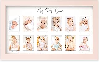 My First Year Photo Frame,12 Months Baby Picture Frame for Newborn Girl, Boy-Baby Shower Gifts Keepsakes,Monthly Baby's One Year Birthday Milestone,1st Nursery Photo Collage Display Board (Petal Pink)