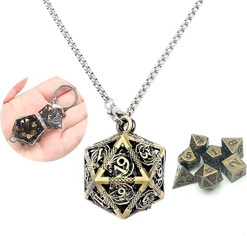 Miniatura 1 de PJOY Juego de dados pequeños DND con estuche de collar D20 hueco de bronce, llavero portátil de 7 piezas, llavero de bronce antiguo, juego de dados