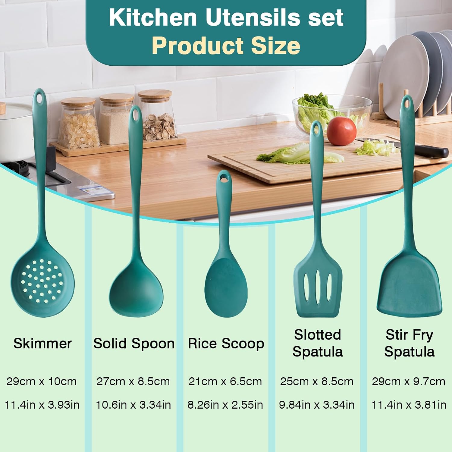 5-Piece Silicone Cooking Utensil Set, Food Grade Non-Stick Spatula and Ladle Set for Kitchen - Dishwasher Safe, Heat Resistant, Easy to Clean (Deep Green)