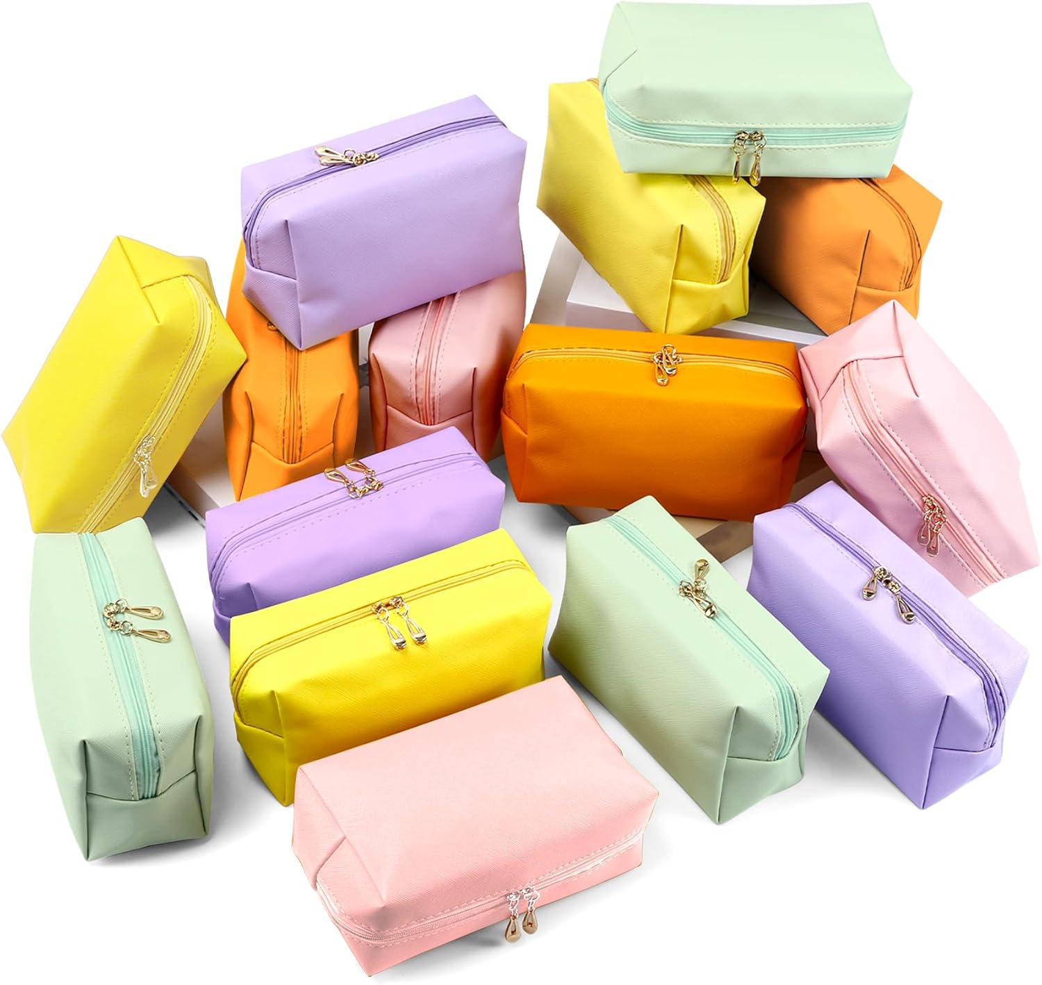 15Pcs Makeup Bag Bulk, PVC Leather Cosmetic Bag, Double Zippers Cosmetic Pouch, Waterproof Toiletry Bags, Plain Makeup Pouch Travel Bags for Women Party Gift Travel Storage Organizer, 5 Colors