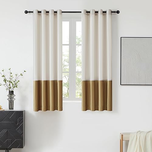 BULBUL Cortinas de ventana con bloques de color, 63 pulgadas de largo, cortinas de terciopelo dorado marfil crema para dormitorio, sala de estar,