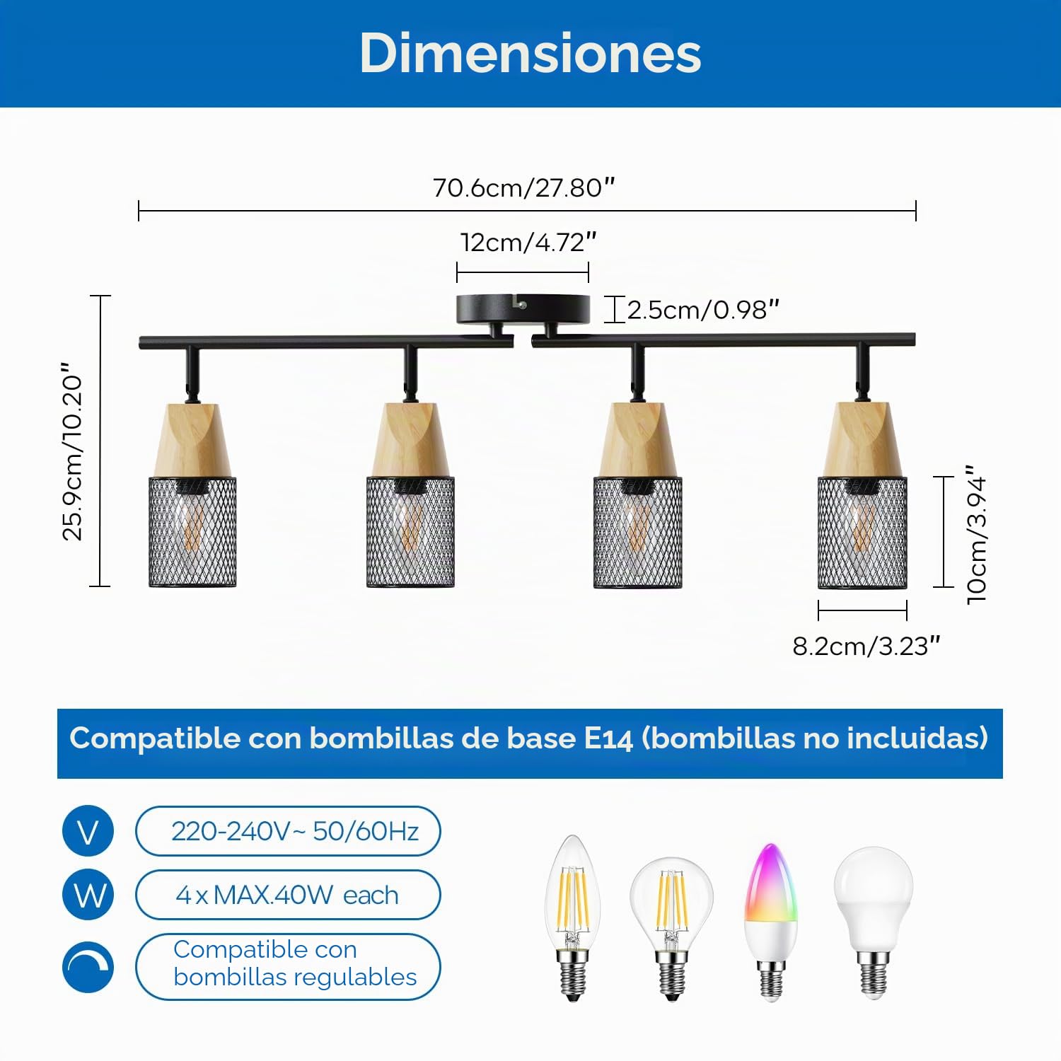 ANWIO Lampara Techo 4 Luces, Focos LED Interior Techo E14, Foco Ajustable 350°, Lamparas de Techo Negra, Lamparas LED Techo para Cocina, Pasillo, Salón, Entrada, Cafetería（Sin Bombilla）