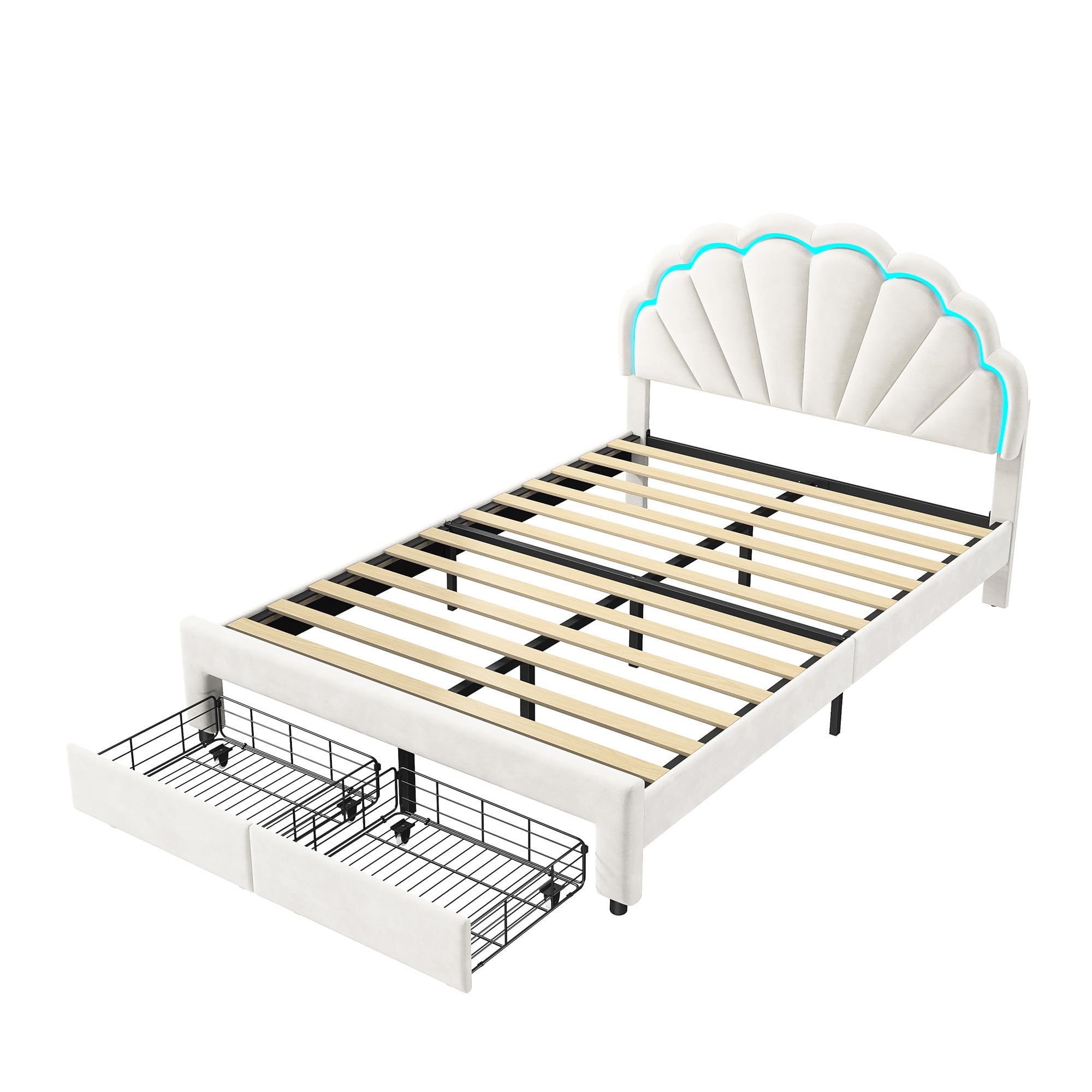 Cama Infantil Doble de 140 x 200 cm, con cajón de Almacenamiento, Cama Infantil Acolchada con LED, cabecera de Cama Ajustable en Altura en Forma de pétalo, somier de láminas, Camas para niña