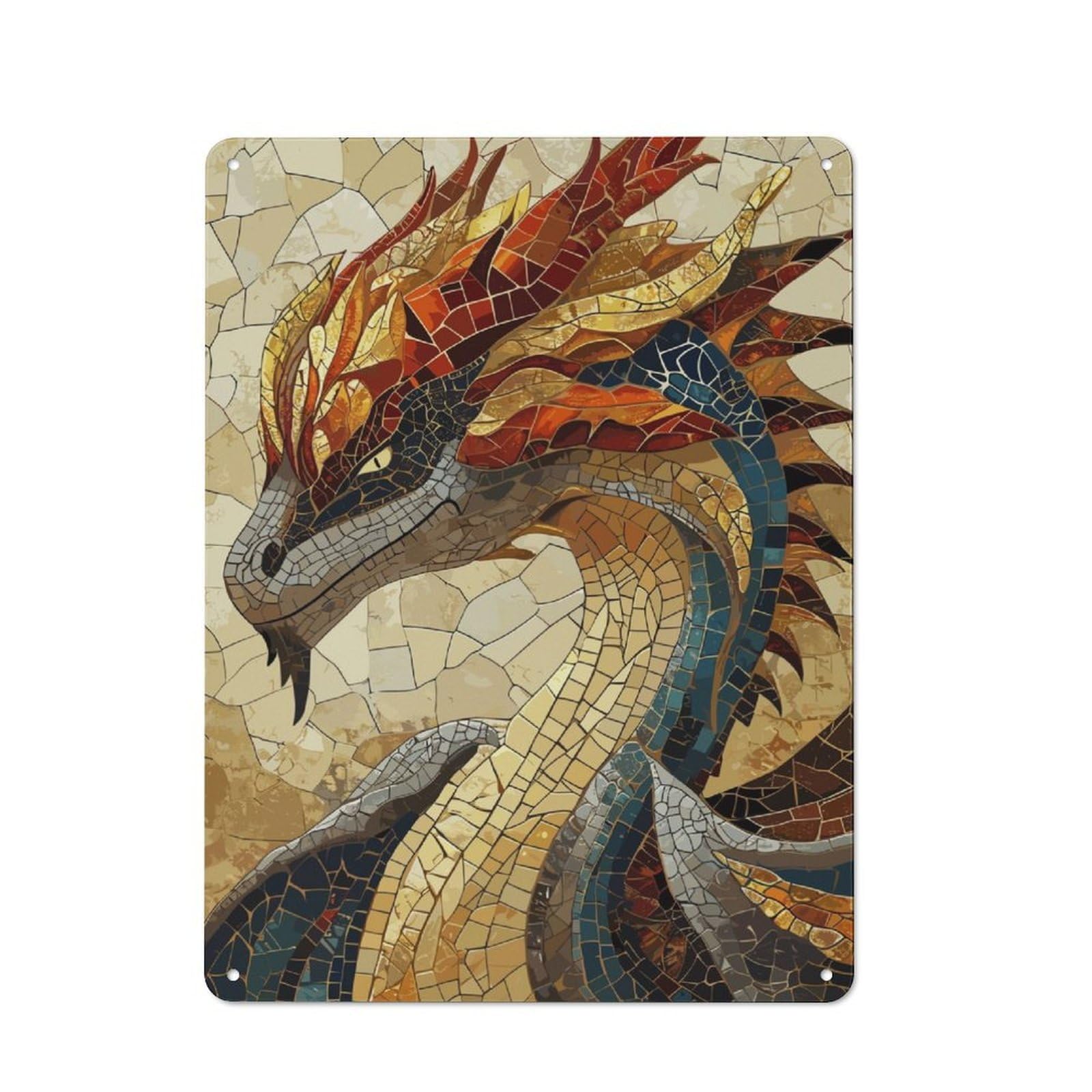Dragon Mosaic Metal Wall Plaque, Easy to Hang Plaque for Garage, Shed, Workshop Or Hobby Room, 40x30cm