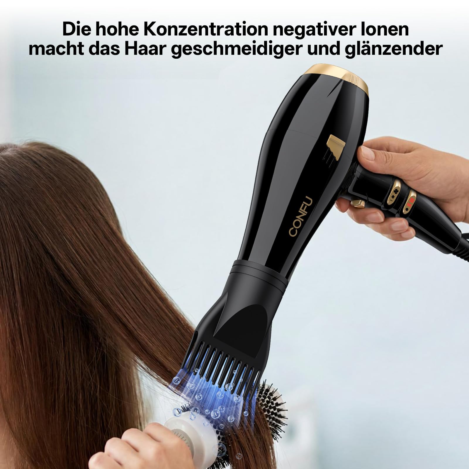 CONFU Sèche-cheveux professionnel ionique 2300 W avec diffuseur Buse de coiffage 2 vitesses et 3 chauffages AC Moteur Séchage rapide Puissant Sèche-cheveux pour salon de coiffure et famille (noir)
