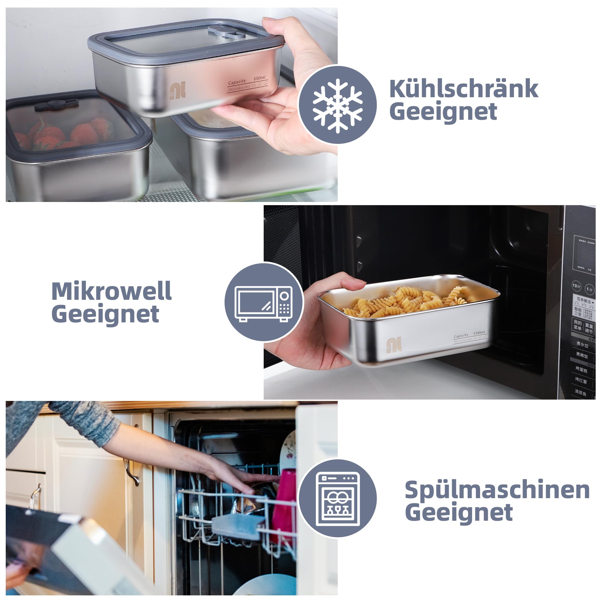 nicelock Contenitore con coperchio, in acciaio inox, con coperchio in vetro, per alimenti, lavabile in lavastoviglie, adatto al microonde