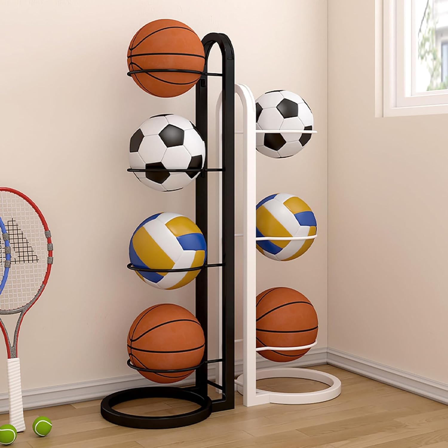 4-Layer Vertical Ball Shelf Freestanding Basketball Storage Rack Space-Saving Display Metal Balls Holder for Volleyball Football Soccer White 4-Layers