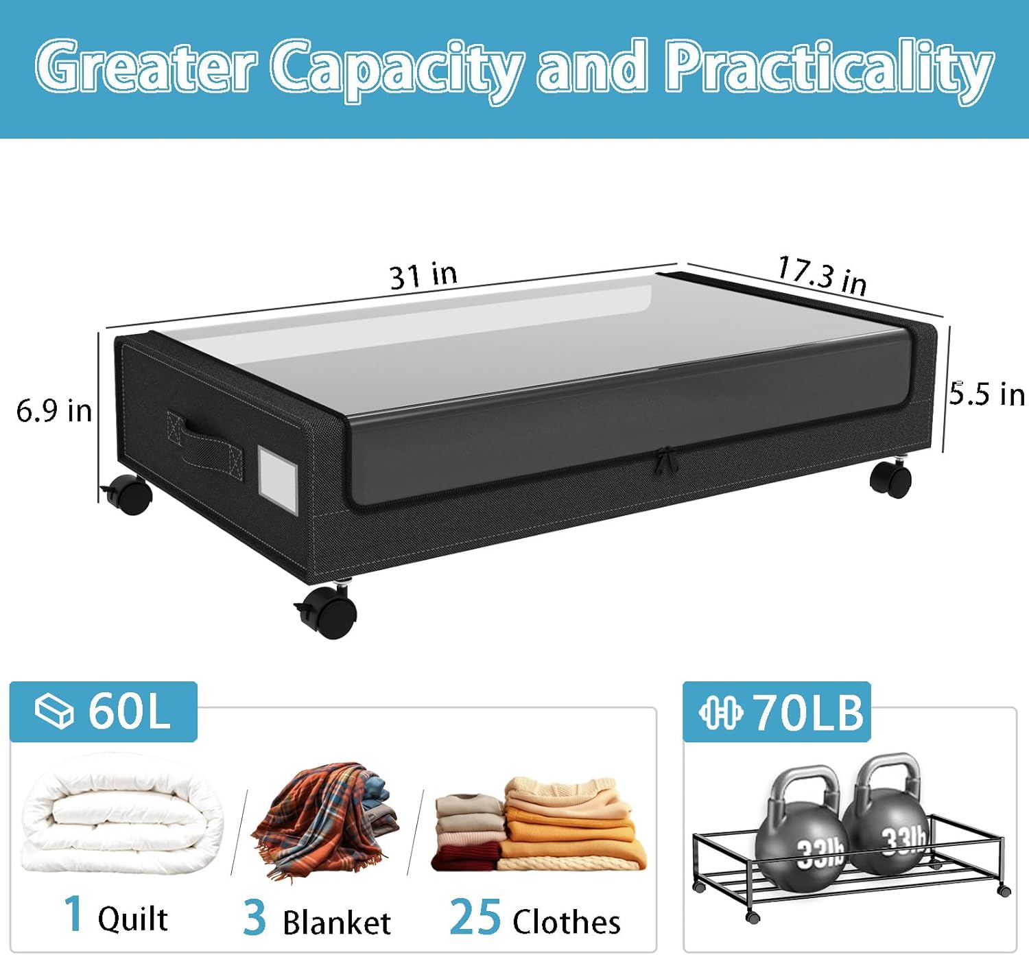 Under Bed Storage with Wheels, 2Pack Underbed Storage Containers with Clear Lid & Label, XXL 60L Under the Bed Storage Bins Rolling Underbed Storage Organizer for Shoes, Clothes, Blankets, Books, Toys