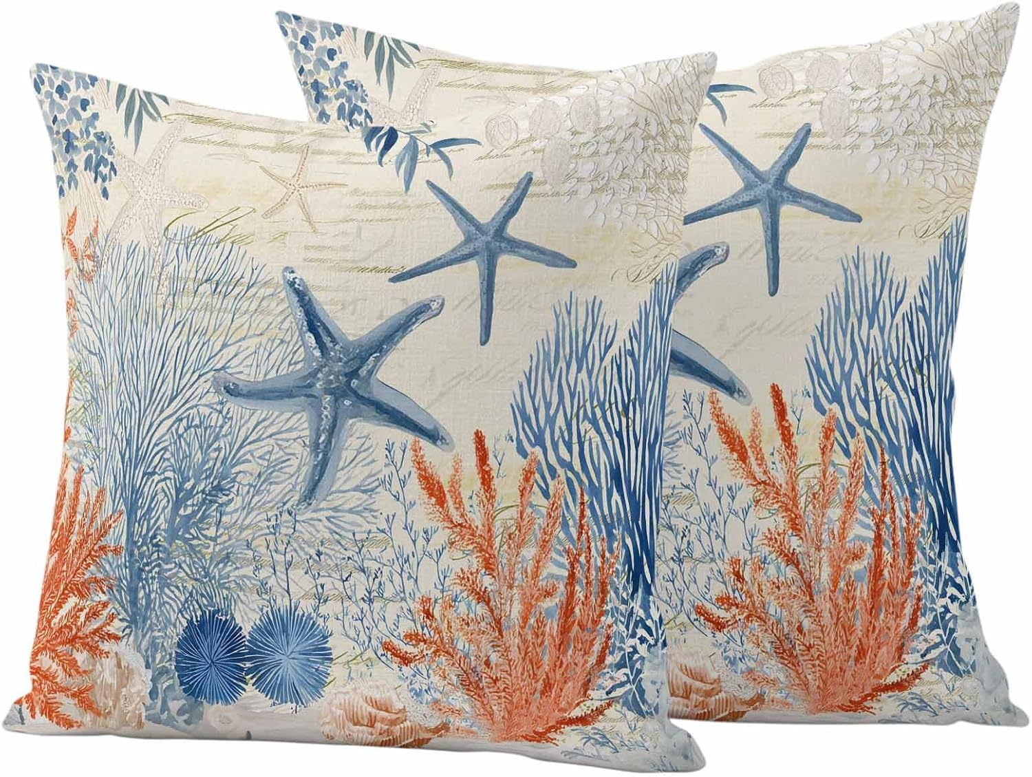 Summer Ocean Outdoor Pillow Covers 20 x 20 inch Set of 2 Vintage Nautical Sea Watercolor Orange Blue Starfish Corals Waterproof Throw Pillow Cover Cushion Case for Home Outside Patio Garden Porch