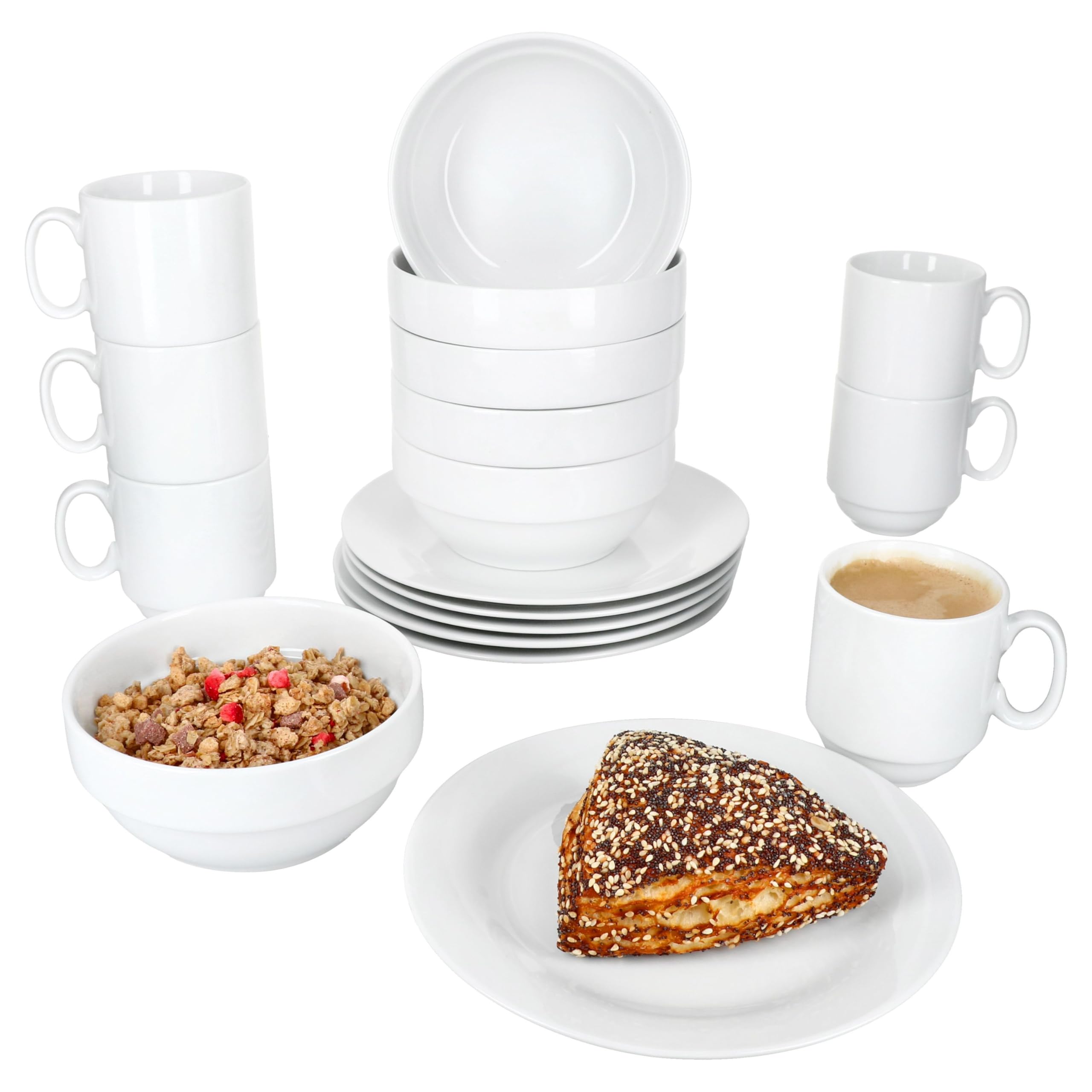 MamboCat Tommy 18tlg Frühstücksset I weißes Porzellan-Geschirr für Frühstücks- & Kaffeezeit I Je 6x Teller, stapelbare Schalen 360ml & Becher 220ml für 6 Personen