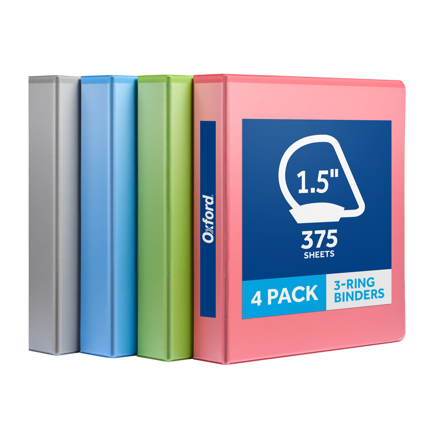 Oxford 1.5 Inch 3 Ring Binders, 4 Pack, Assorted Colors, Holds 375 Sheets