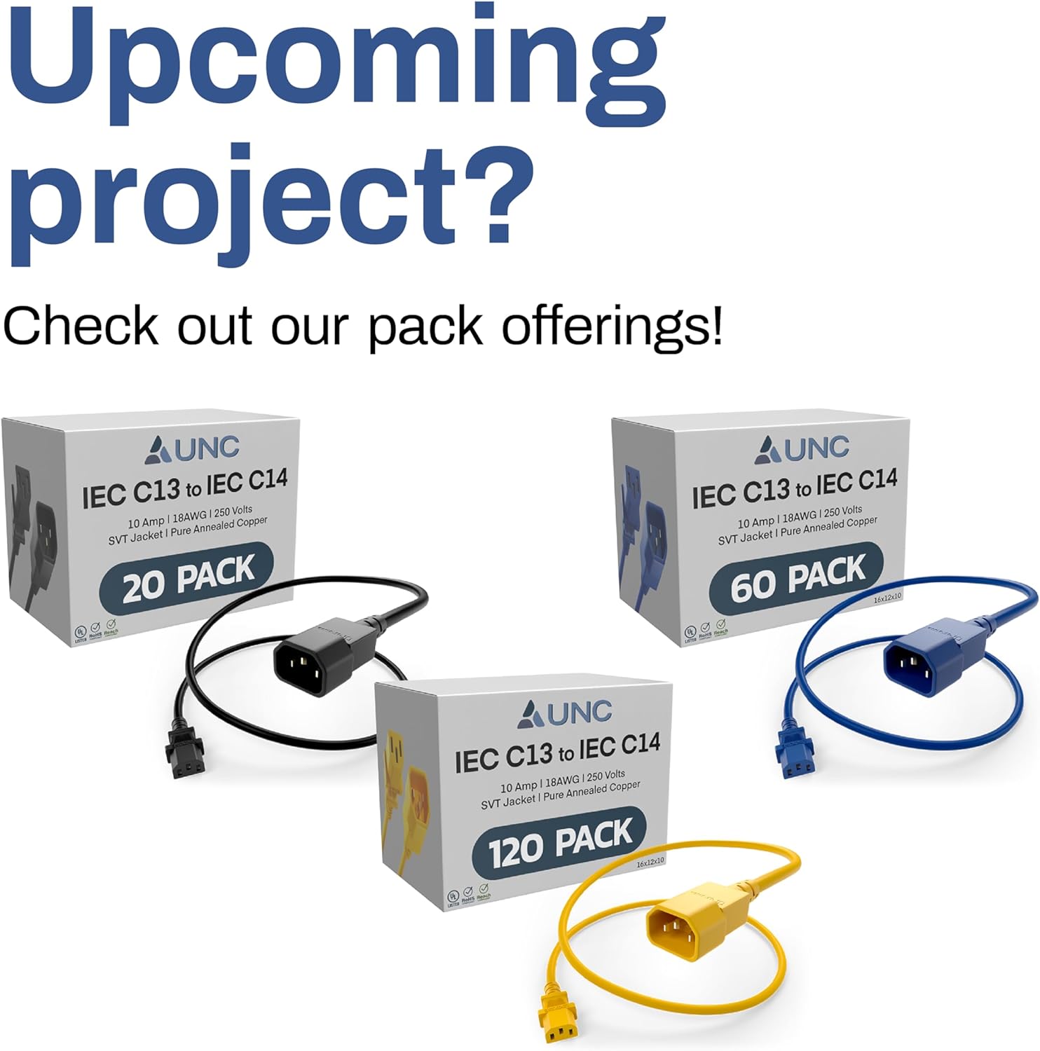 UNC PDU Power Cable C13 to C14, 6 Foot - 80 Pack Blue, 10 Amp - SJT 250V, UL Listed, 18AWG IEC Extension Cord, Reliable Server Rack Power Cable for PDU, UPS, Network Equipment, Data Centers