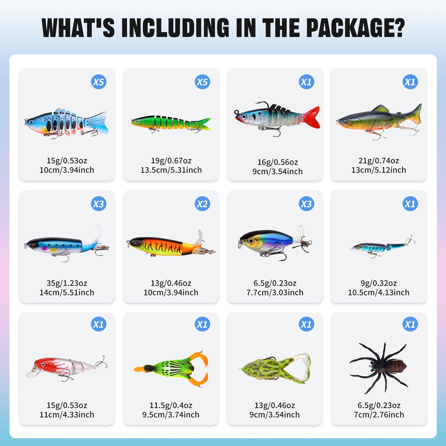 TSKS Kit de 25 señuelos de pesca para lubina, lucio, pez lucio, trucha, lucioperca, trucha, incluye cebos multiarticulados, pato, araña, ranas, peces suaves y con hélice giratoria flotante, señuelos