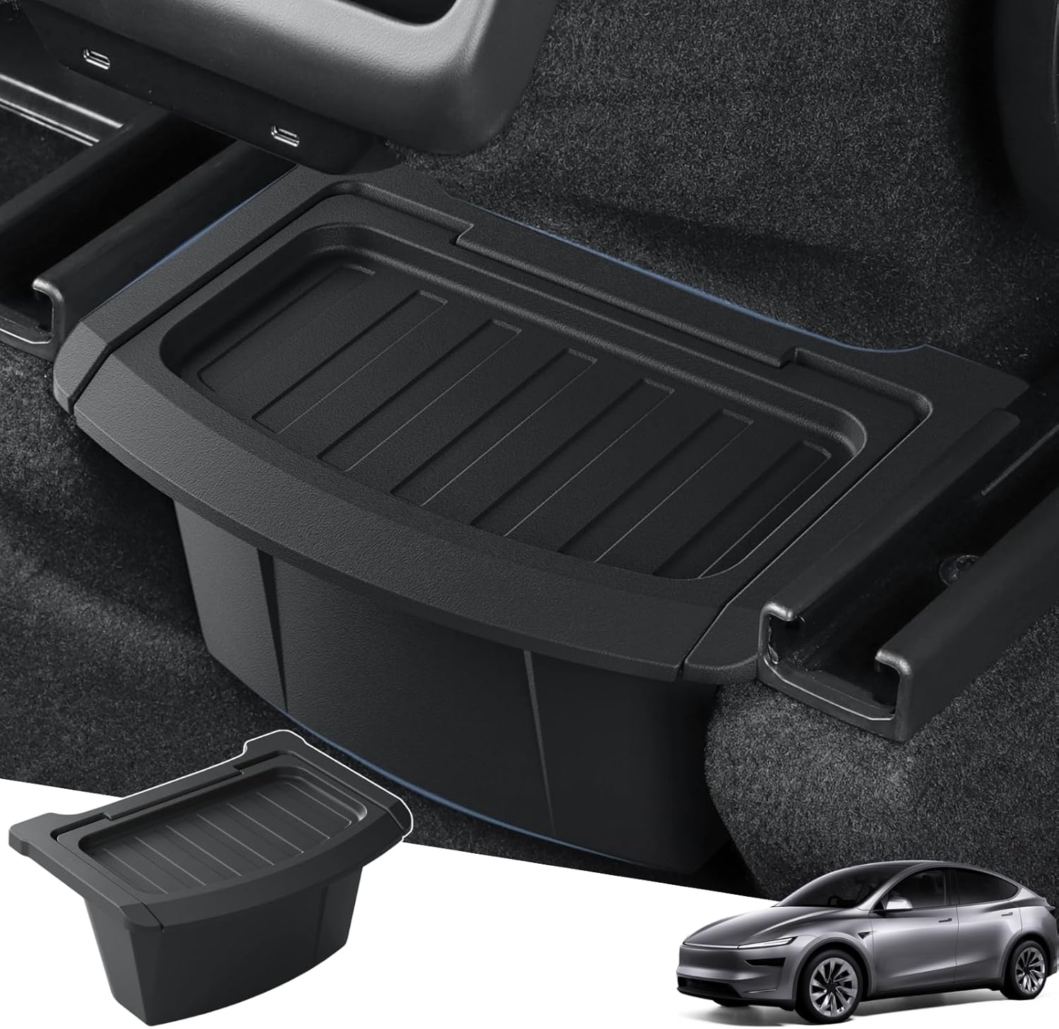 2026 Model Y Juniper Trash Can Back Seat Compatible with New Tesla Model Y Juniper Rear Center Console Floor Organizer Storage Box with Lid Garbage Can – TPE, Black