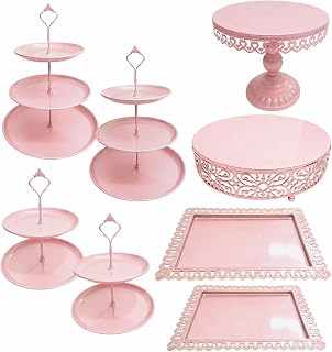 8 Pcs Cake Stands Set Metal Dessert Table Display Tiered Cupcake Holder Candy Donut Fruit Plate Cake Serving Tray Candlestick Display Treats Serving Tower for Wedding Birthday Party Decor (Pink)
