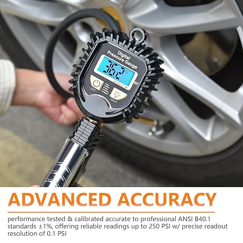 Miniatura 6 de Inflador digital de neumáticos con manómetro, portabrocas de aire de latón de 250 PSI y accesorios de compresor, medidor de presión de neumáticos de