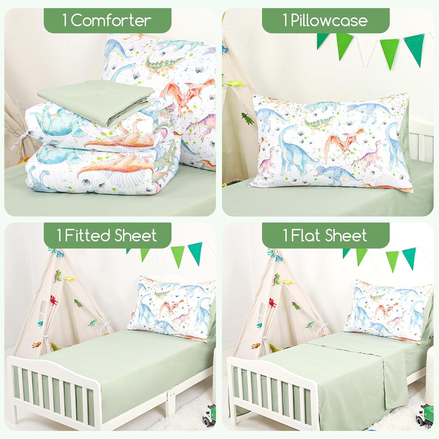 GFU 4 Piece Toddler Bedding Set, Ultra Soft and Breathable Toddler Comforter Sets for Goys Includes Quilted Comforter, Fitted Sheet, Flat Sheet and Pillowcase, Colorful Dinosaur - Image 5