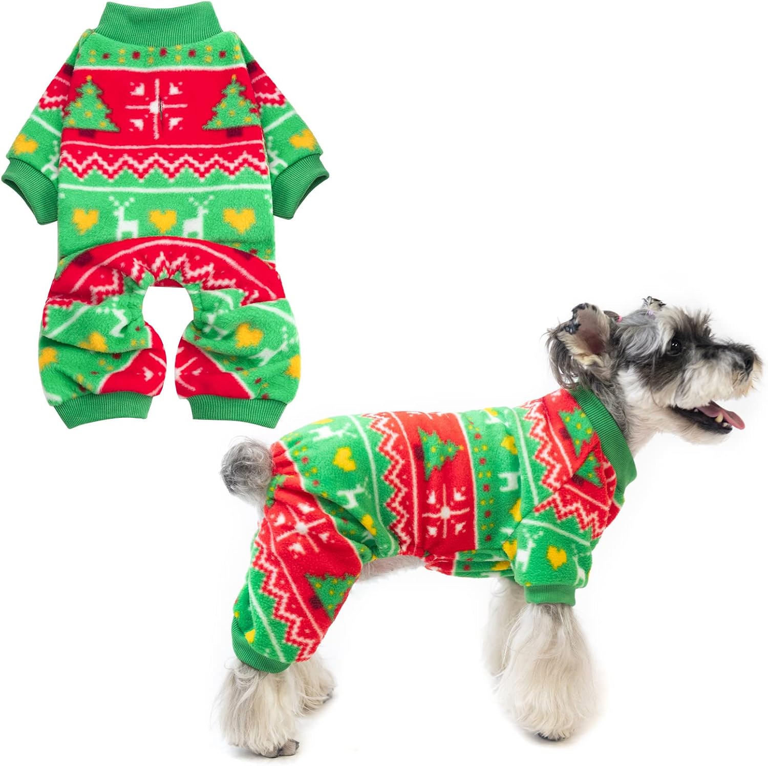Dog Christmas Pajamas -Christmas Tree & Snow Flake Printed Pattern - Pet Constume Wear Fleece Pajamas for Cold Winter