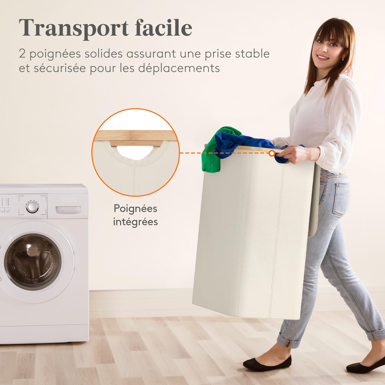 Lifewit Panier à Linge avec Sacs Amovibles, Grande Corbeille à Linge Pliable en Bambou avec Couvercle, Laundry Basket pour Chambre, Salle de Bain, Buanderie, 3 Compartiments, 170 L, Beige