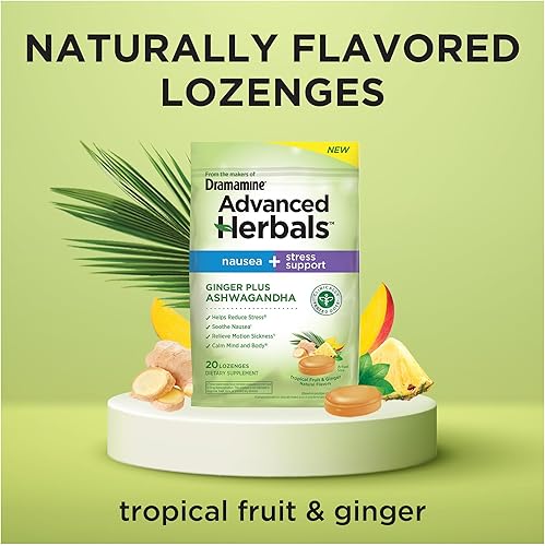 Miniatura 4 de De los creadores de Dramamine, pastillas Advanced Herbals de jengibre y ashwagandha, para alivio de náuseas y apoyo contra el estrés, sabor a fruta