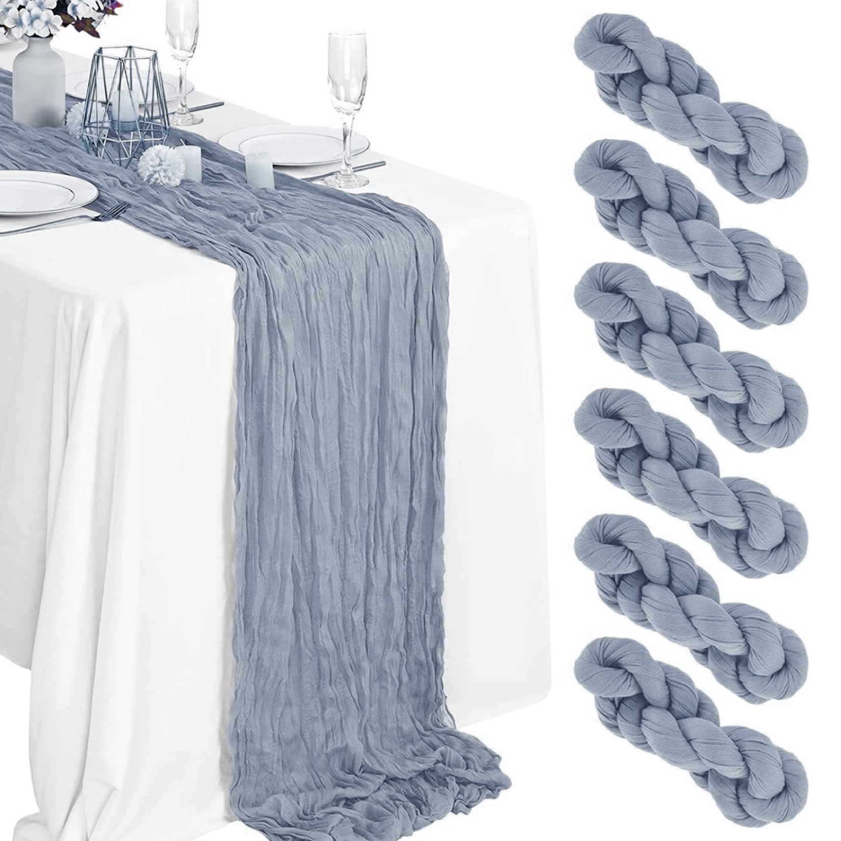 Chemin de table en étamine plissée bleu romantique pour mariages