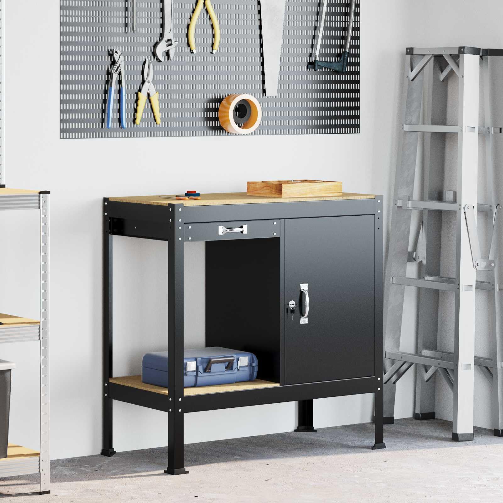 Banco da lavoro con ripiano nero in compensato e metallo, 90 x 49 x 91 cm, superficie di lavoro stabile con cassetto e parete forata per officina, garage, sala hobby organizzazione