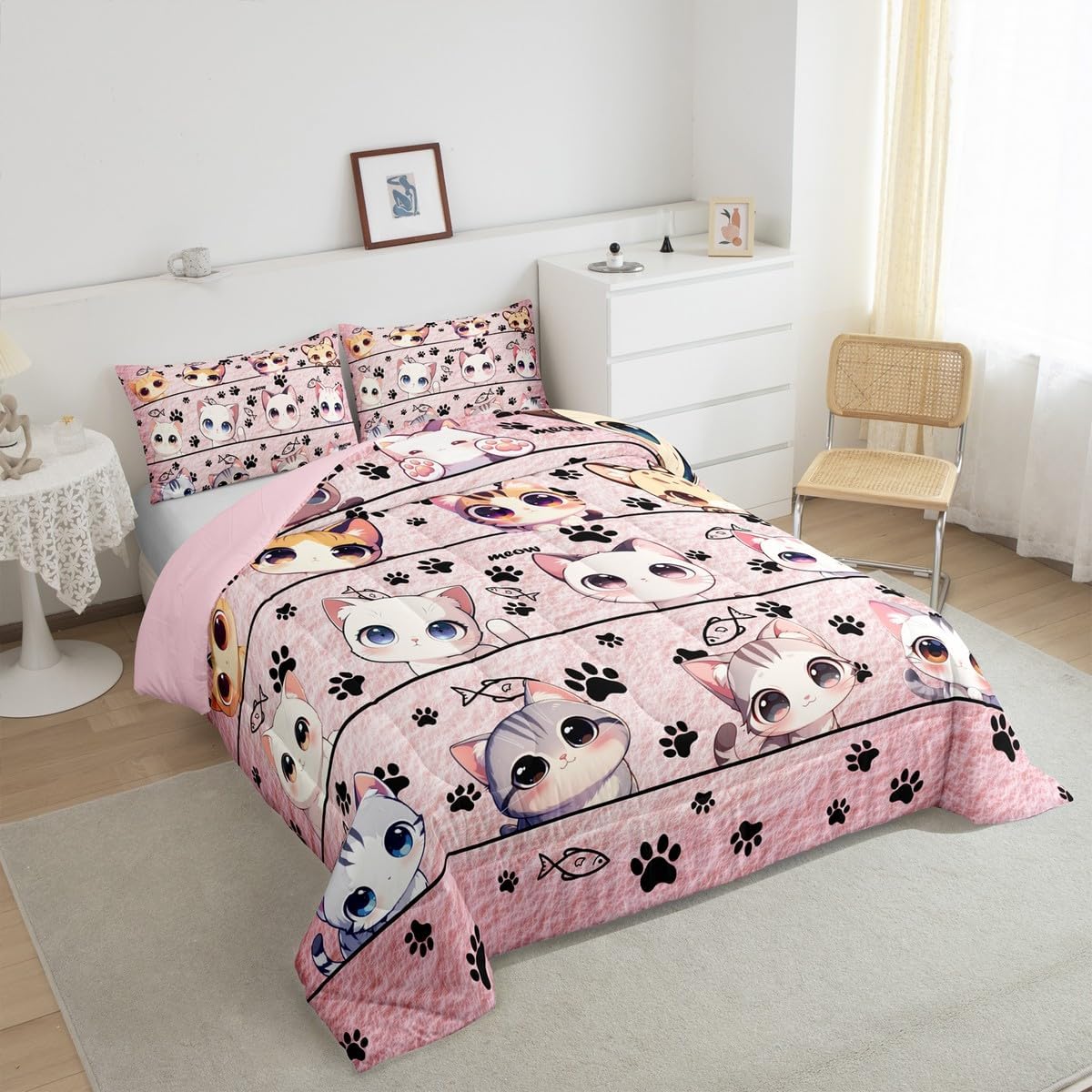 Castle Fairy Cute Cat Comforter Set Toddler Size,Cartoon Animas Light Pink Bedding Set for Kids Teens Bedroom,Cat Kitten Kitty Pet Lover Down Comforter,2 Pcs 1 Pillowcase