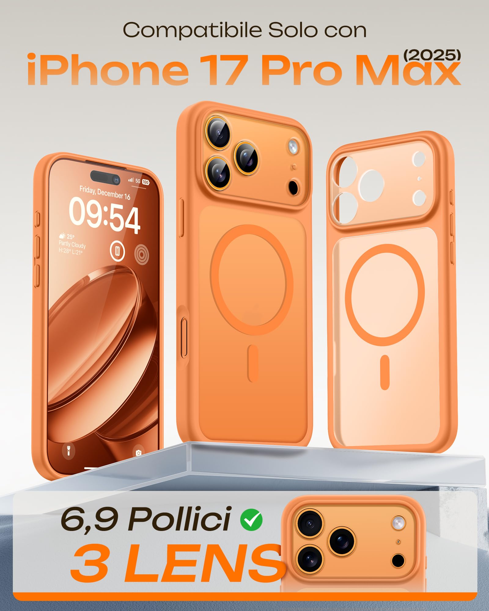 TOCOL Cover Magnetica per iPhone 17 Pro Max 6,9 Pollic, Compatibile con MagSafe, Anello Magnetico Incorporato, Protezione Fotocamera Integrata, Custodia Antiurto Traslucida Opaca, Arancione