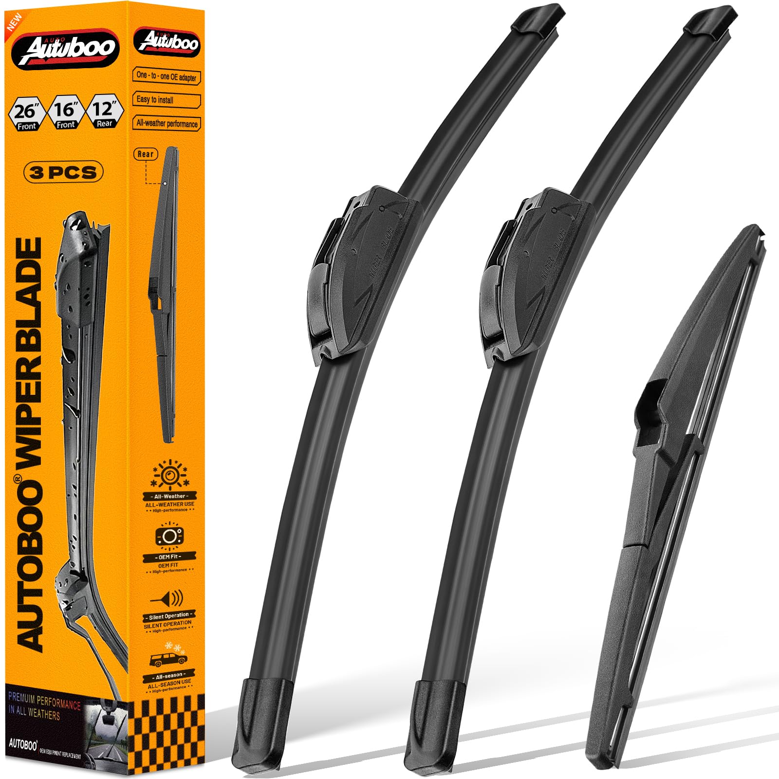 AUTOBOO 26"+16" Windshield Wipers with 12" Rear Wiper Blade Replacement for Toyota RAV4 2019 2020 2021 2022 2023 2024,Mazda 5 2015 2014 2013 2012 2011 2010-2006 -Original Factory Quality (Pack of 3)