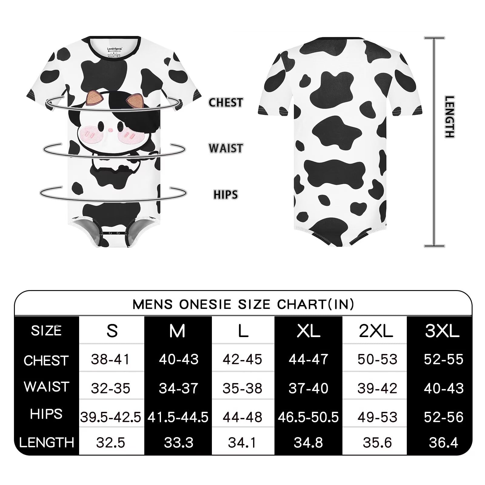 Landofgenie Body Homme Manches Courtes en Coton avec Imprimé Vache et Boutons-Pression à l'entrejambe, Pyjama Confortable ou sous-vêtement Onesie
