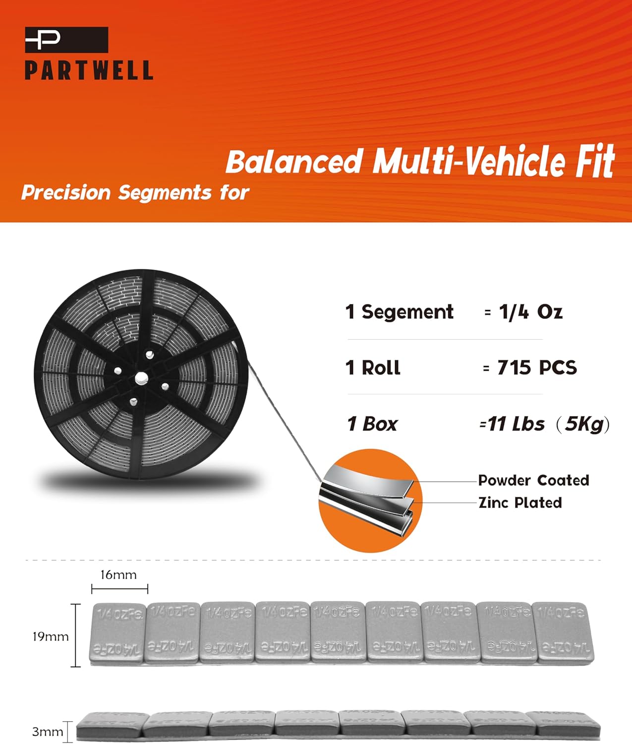 Adhesive Wheel Weights, 1/4 Oz, black/5kg/11lb/roll, totaling 715 pcs. Steel Sticky Wheel Weights, Suitable for Full-Size Pickups, SUVs, Vans, and Passenger Cars