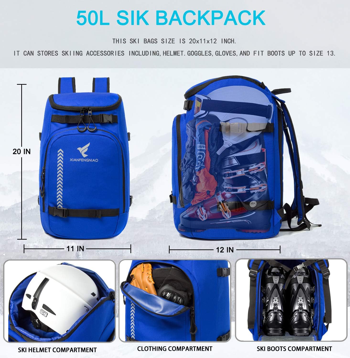 Ski Boot Bag,50L Waterproof Ski Boot Travel Backpack for Snowboard Boots, Skiing Helmet, Goggles, Gloves, Skis, Snowboard & Accessories for Men,Women and Youth