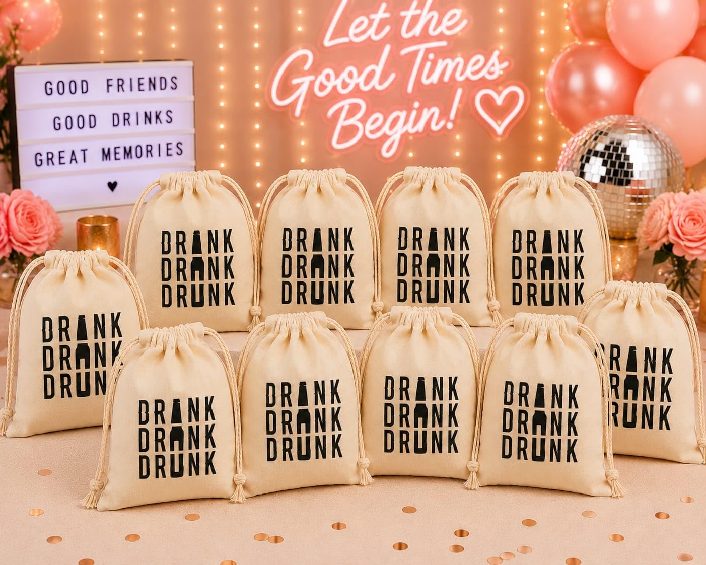 WOW PARTY Bachelorette Party Favor Bags, Wedding Survival Recovery Kit, Drawstring Hangover Kit Bags 5 x 7 Inch, Set of 10 Drink