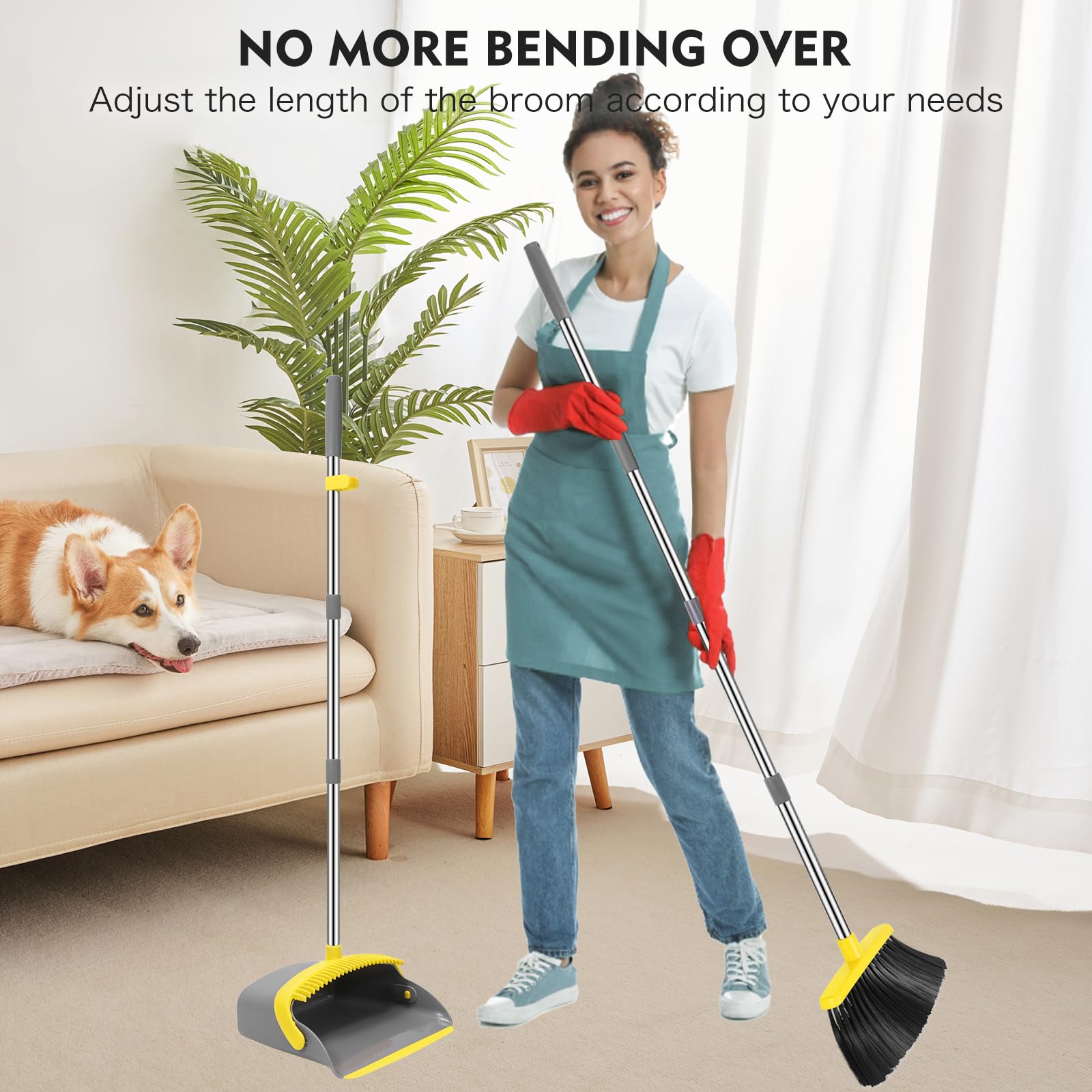 NACENA Besen- und Kehrschaufel-Set, 139,7 cm lang, verstellbarer Griff, Besen, Kehrschaufel mit Kehrschaufelzähnen zur automatischen Haarreinigung, geeignet für Zuhause, Küche, Büro, Flur, Boden, groß